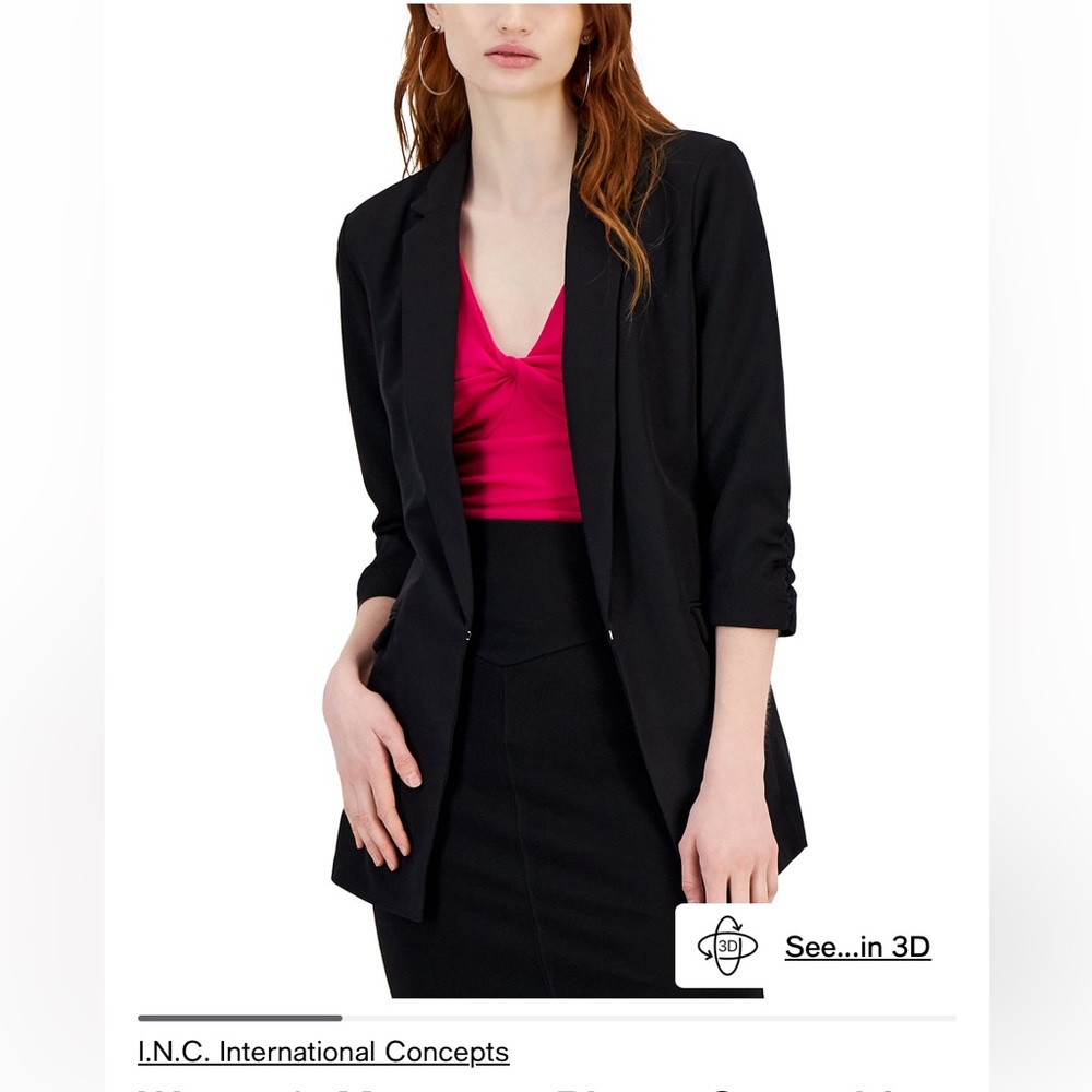 INC International Concepts Black Blazer with Notched Lapel and 3/4 Sleeves